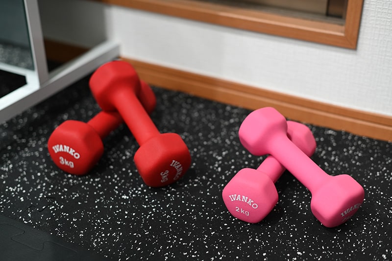Apple GYM（アップルジム）北千住店の赤色とピンク色のダンベル